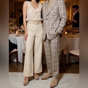 Mens 42R 36X34 beige plaid vintage suit